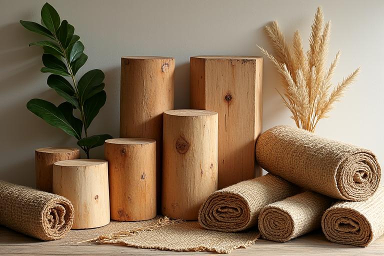 Materiali naturali grezzi: legno intagliato, fibre intrecciate e tessuti grezzi che rappresentano la sostenibilità di Eco Tela